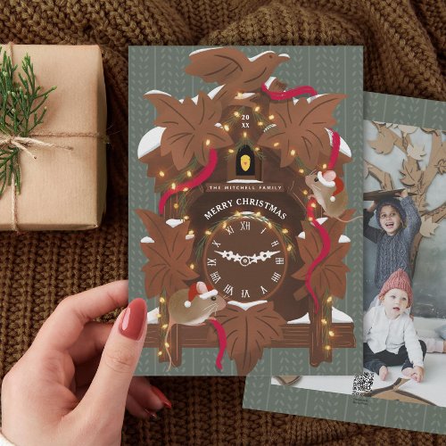 Illustrated Mice on Christmas Cuckoo Clock Holiday Card