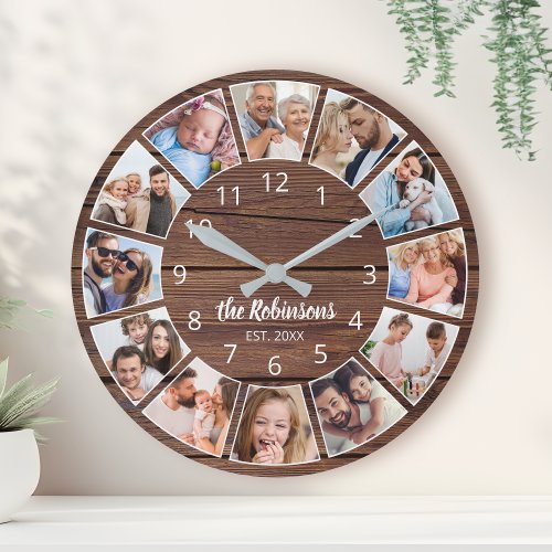 Personalized Photo Collage Natural Wood Family Round Clock