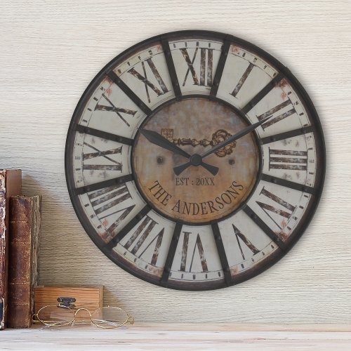 Rustic Industrial Farmhouse Custom Family Name Round Clock